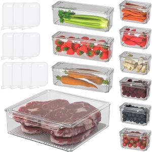 10 Pack Refrigerator Organizer Bins - 3 Size Stackable Fridge Clear Storage Bins with Lids for Vegetable Berry Cereals Grape Tomatoes Fruit , etc