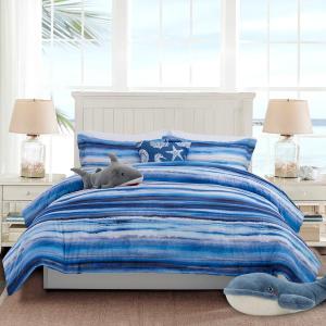 Holawakaka Beach Stripe Bedding Sets 6 Pieces, Blue Coastal Striped Comforter Set Queen Size All Season Geometric Bed Set, Nautical Bed in a Bag with Comforter, Sheets and Shams 