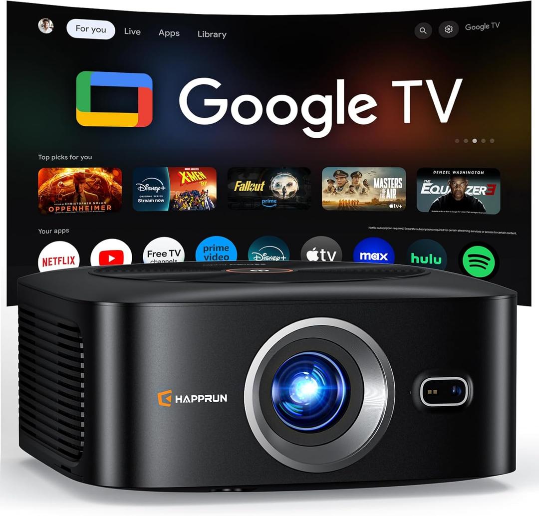1500 ANSI Official Licensed Google TV Smart Projector, HAPPRUN 4K Full HD Home Theater with Auto Focus, Dolby Sound, Wi-Fi Bluetooth, Built-in Apps, Compatible with Phone & PC, Indoor & Outdoor Use (Black)