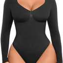 FeelinGirl Women's Long Sleeve Shapewear Bodysuit for Tummy Control Seamless Body Suits Thong V Neck Going Out Tops, Small