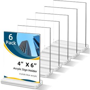 Acrylic Sign Holder 4 x 6 Double Side Clear Display Stand Thickened and Widened Base T Shape Table Acrylic Paper Stands for Home Wedding Office School Restaurant (6 Pack)