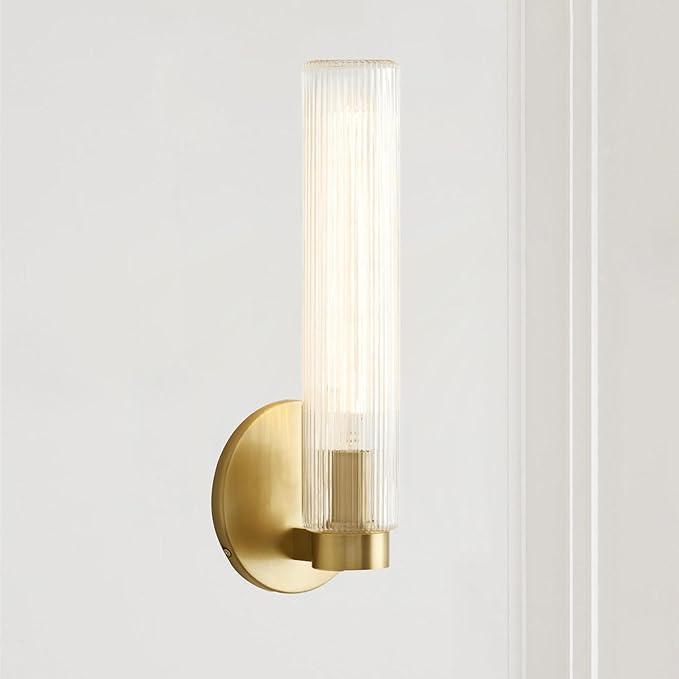 Radiant Fluted Glow Sconce,Fluted Glass Shade,Textural Touch,Sleek Metallic Finish,Suitable for Indoor and Outdoor Use,Bathroom Sconce,Bathroom Wall Lights,6" w x 4" d x 16" h