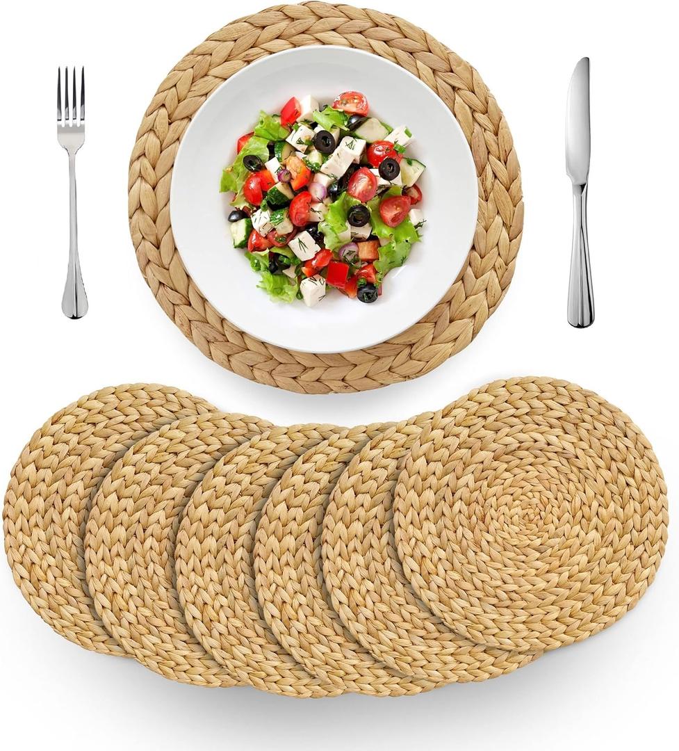 BARIEN Woven Placemats Round Set of 6, Natural Water Hyacinth Weave Placemat for Dining Table, Large Handmade Woven Placemats Heat Resistant Non-Slip (12")