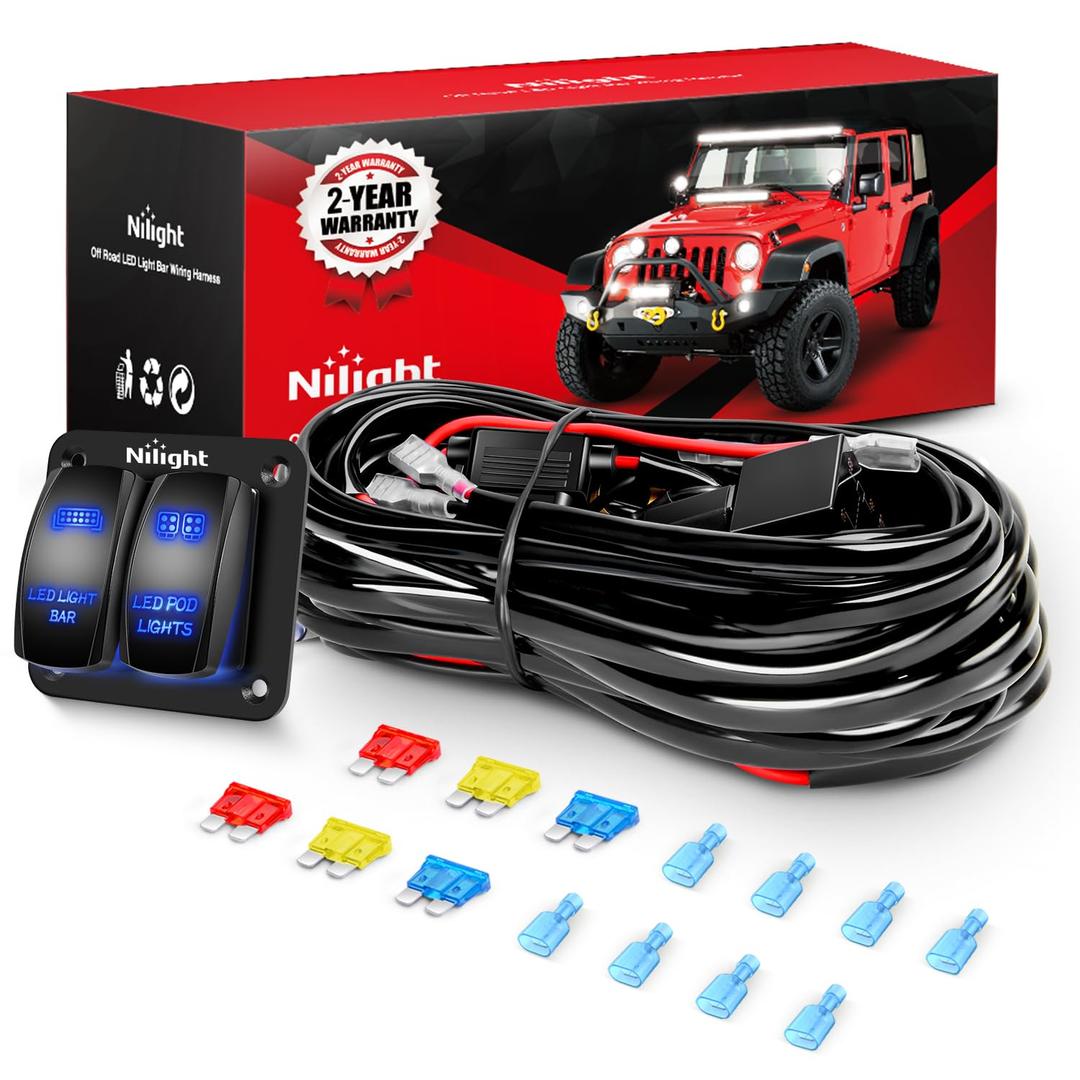 Nilight 16AWG LED Light Bar Wiring Harness Kit 12V On/Off 2 Gang Rocker Switch Panel Power Relay Blade Fuse 5Pin Toggle Switches for Cars Boat ATV Trucks-4 Leads