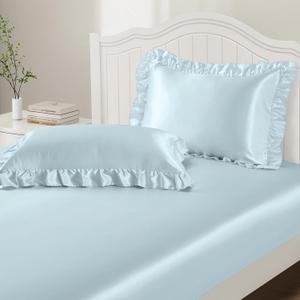 P Pothuiny 3-Piece Set Ruffle Satin Pillowcases & Full Fitted Sheet, Luxury Baby Blue Satin Fitted Sheet Silky Soft Cute Bedding Bedroom Dorm Decor, Wrinkle Free, 15 Inch Deep Pocket