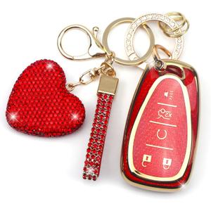 Key Fob Cover for Chevy with Diamond Keychain for Women Car Key Holder Compatible with Chevrolet Equinox Malibu Cruze Traverse Camaro Trax Blazer Volt Bolt Protector, 5 Buttons (Red-Heart)