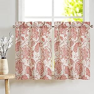 Kitchen Curtains Paisley Scroll Print Linen Small Window Tier Curtains for Bathroom Medallion Design Burlap Vintage Jacobean Floral Cafe Style 24 Inch Length 2 Panels Terra on Beige