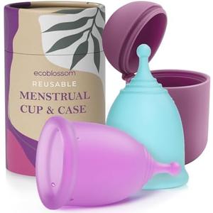 EcoBlossom Reusable Menstrual Cup and Case - The Most Reliable Medical Grade Silicone Period Cups - Comfortably use for 12 Hours (Small/Large (Pack of 2), Round Stem & Case)