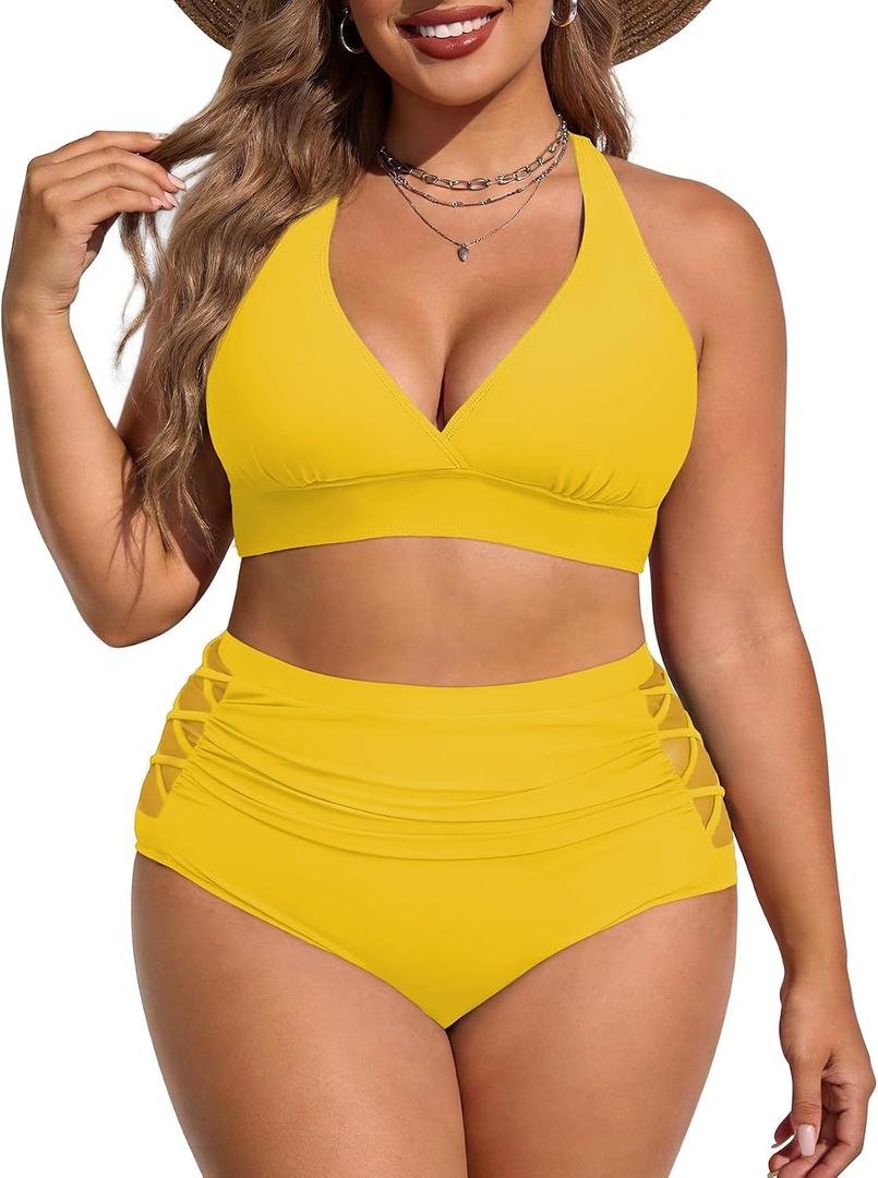 American Trends Womens Plus Size Bikini Set - Tummy Control, High Waisted 2 Piece Swimsuits Bathing Suits (Yellow, XXL)
