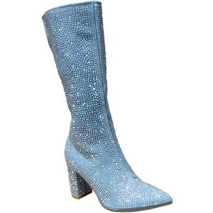ABSOLEX Women Pointed Toe Rhinestone Block Medium Heel Knee High Boots (10, Blue Denim)