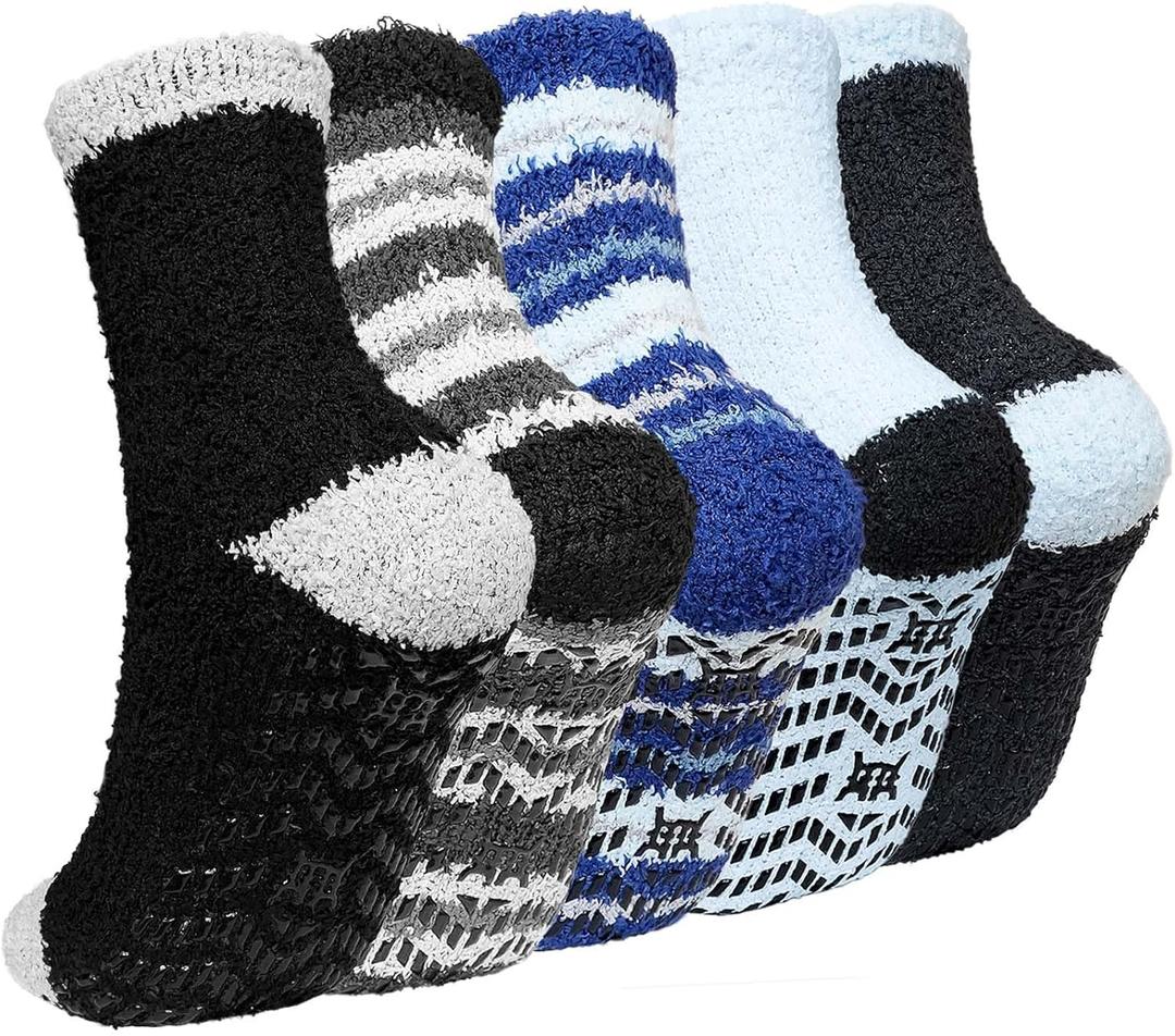 CaiDieNu Fuzzy Socks for Men with Grippers, Fluffy Slipper Socks Winter Warm Thick Home Hospital Cozy Non-slip Socks 5 Pairs (11-13, Striped Series)