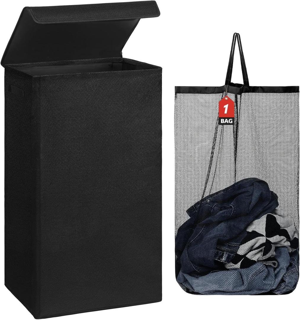 DOKEHOM 100L Laundry Basket with Lid and Removable Laundry Bags, Large Collapsible Laundry Hamper for Bedroom, Bathroom, Laundry Room, Colloge (Black)