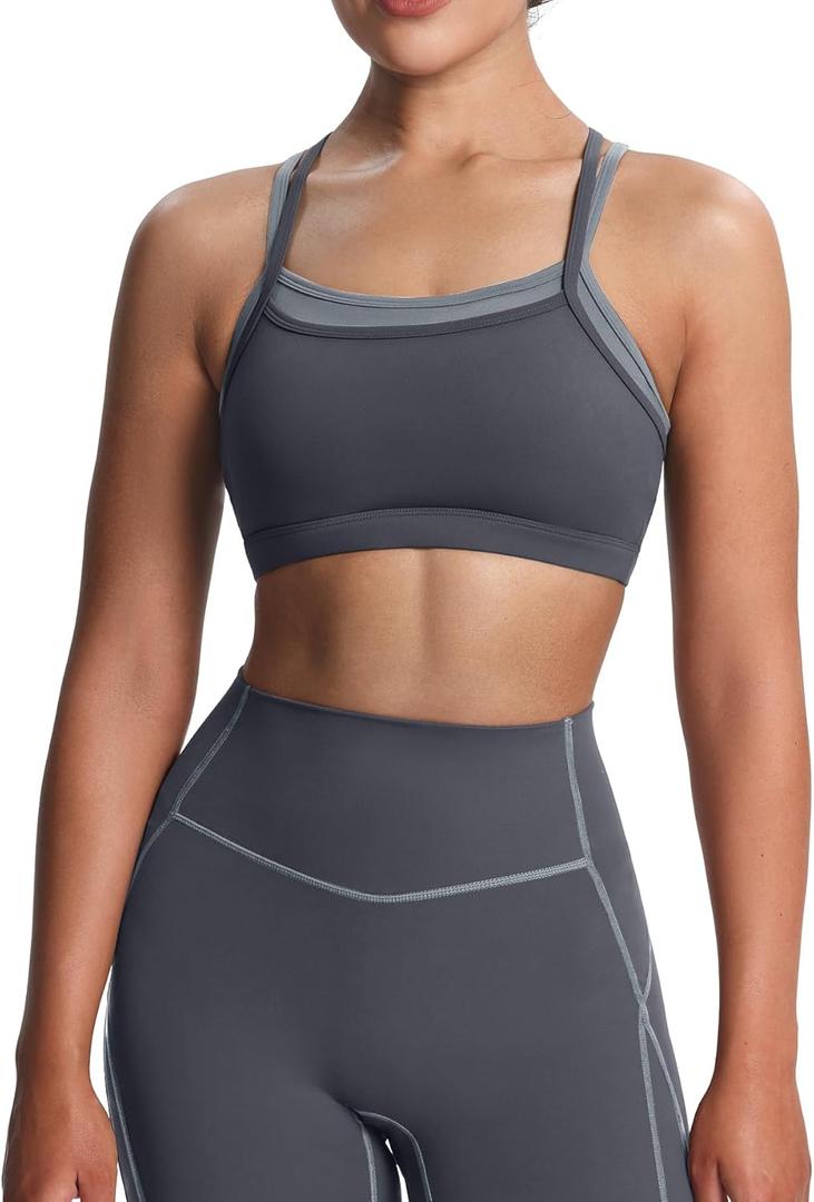 Aoxjox Women's Workout Sports Bras Takes Two Bra High Impact Training Fitness Running Yoga Crop Tank (Medium, Iron Grey/Grey)