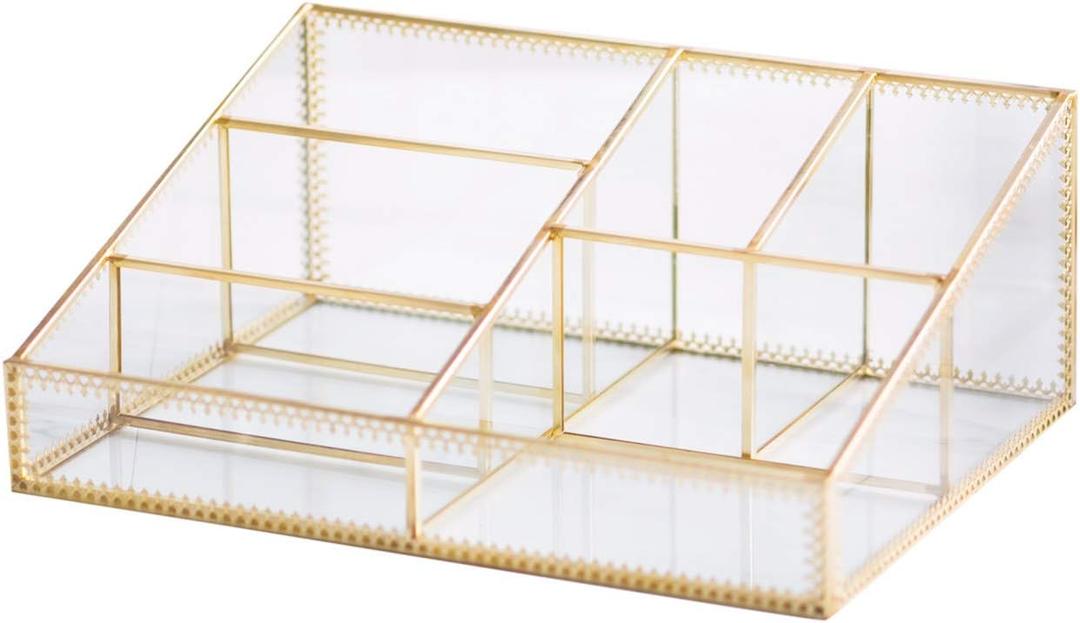 Makeup Organizer Antique Countertop Cosmetic Storage Box Glass Beauty Display, Gold Spin Large Capacity Holder for Brushes Lipsticks Skincare Toner
