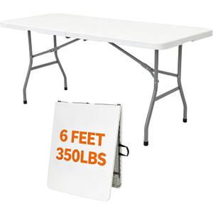 Folding Table 6ft, Heavy Duty Portable 6 Foot Foldable Table Plastic Large Folding Tables Indoor Outdoor for Camping, Picnic, Wedding and Party, White