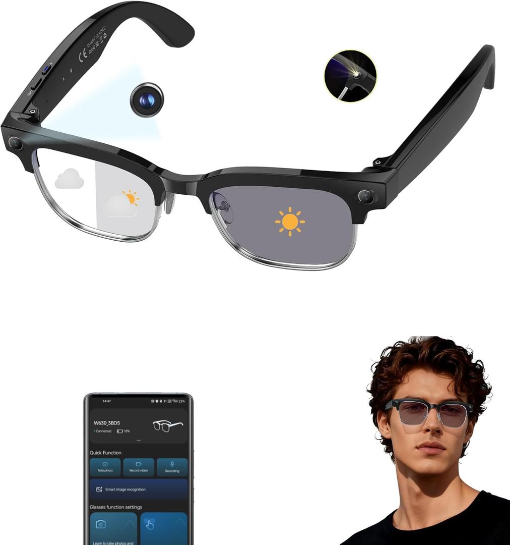 AI Smart Bluetooth Translator Glasses,Support 140+Languages Translation&Bluetooth Connection for Men and Women Travelling/Business/Sports (W630+Camera+Color Change Lenses+Silver)