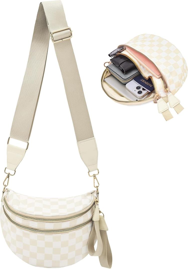 Checkered Crossbody Bum Bags for Women, Spacious Water-Resistant Nylon Shoulder Belt Bag Checkered Purse