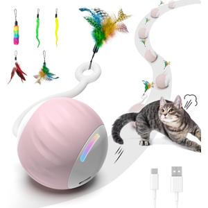 Cat Toys Interactive for Indoor Cats, Touch & Sound Smart Control - Fast slow 2 Speed Motion Activated Cat Ball Toy for Bored Cats With LED Lights, Feathers Tail, USB Charging Cable, 6in1 - Pink