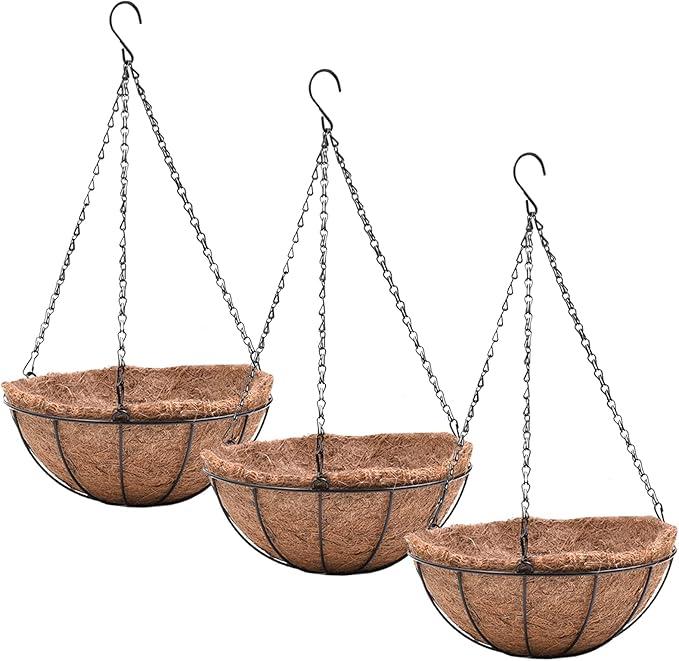 EIMQUVW Hanging Planters Basket Set of 3 Hanging Flower Pots 10 Inch Chain Round Wire Plant Holder with Coco Coir Liner Garden Watering Hanging Baskets for Patio Garden Outdoor1