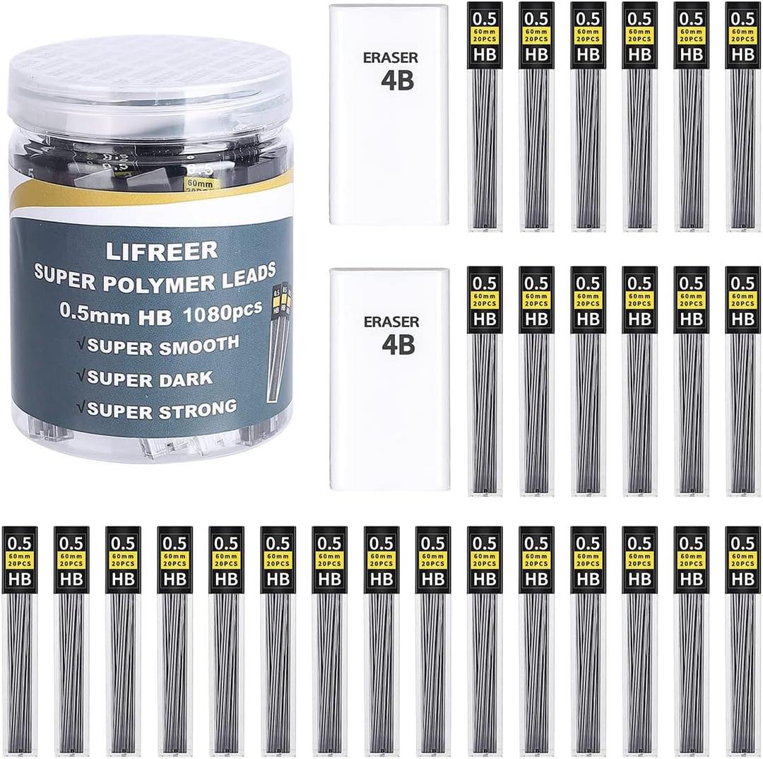 Lifreer 0.5 Lead Refills (1080 Pcs), Unbreakable 0.5 mm Lead Refills and 2 Premium Erasers, Long Lasting HB Pencil Lead 0.5 Refill,Mechanical Pencil Lead 0.5mm for Students & Professionals