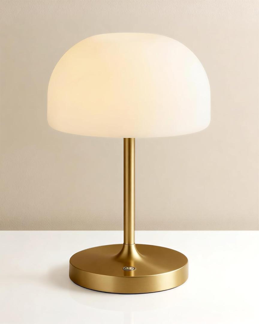 VoMii Mushroom Lamp, 9 Cordless Table Lamp Waterproof Shower Lamps with 4000mAh Battery Rechargeable & 3 Color Temperatures, Dimmable LED Night Light for Bathroom, Bedroom & Home Decor - Brass