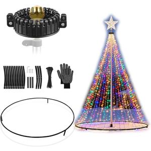 Lettry Flag Pole Christmas Tree Kit, Include Flag Pole Mega Topper Light Hook, Heavy-Duty Metal Hoop, Telescoping Flagpole Tree Light Hanging Set for Xmas Outdoor Patio Yard, Not Include Lights