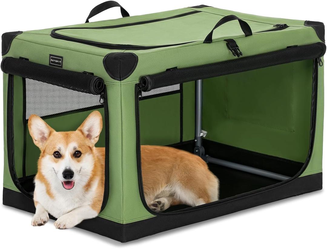 PETSFIT 30" Soft Portable Dog Crate Patented Spiral Sturdy Frame, Collapsible Travel Kennel for Medium Dogs, 3 Mesh Door, Lockable Zippers, Indoor & Car Use Green