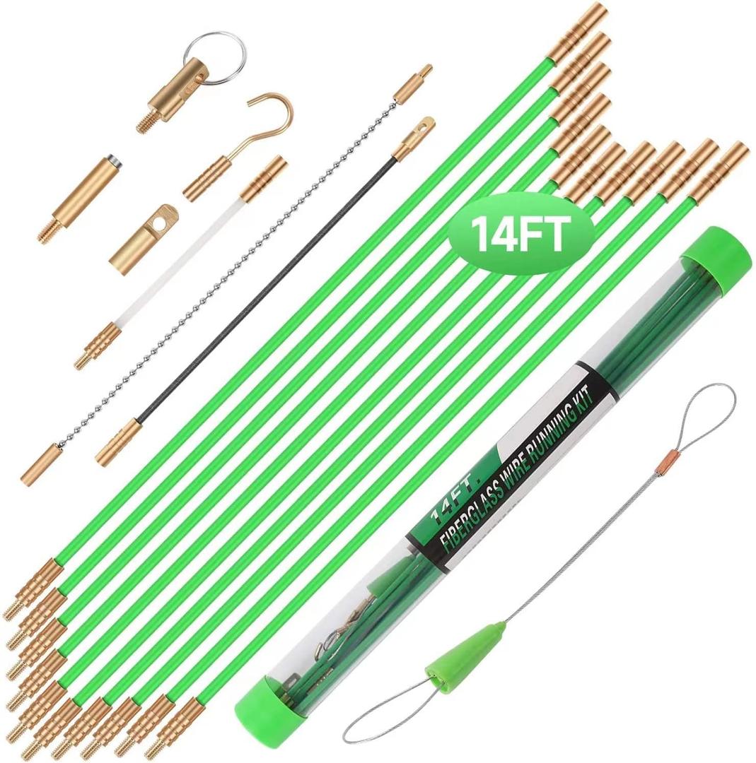 14FT Fiberglass Running Electrical Wire Cable Glow Rods Wire Pulling, Fish Rods Electrical Kit with 8 Different Attachments and Fish Tape Wire Puller Kit1