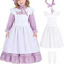 Pioneer Girl Costume Colonial Prairie Costume Dress Kids Pilgrim Costume Outfit Purple Floral Dresses with Apron Socks CA022A-M, Medium