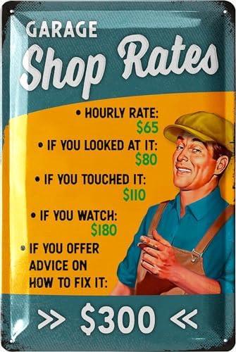 LANOLU Mechanic Hourly Rate Sign, Funny Man Cave Gifts for Garage, Shop Signs For Workshop, Funny Garage Signs for Men, Metal Signs Vintage 12x8", Set of 2