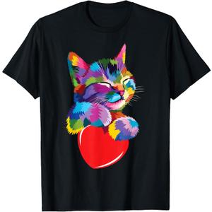 Color Critters Rainbow Cute Cat Hugging Valentine Heart Kitty Love Cat Unisex Adult Multicolor Cotton 65% Polyester 35% Short Sleeve T-Shirt, Medium