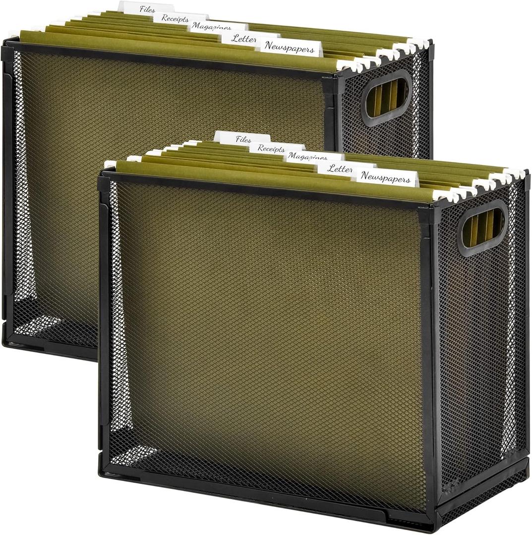 EASEPRES Desk Hanging File Organizer with 10 Folders, Mesh Metal Letter-Size Desktop File Holder Box for Filing Folder Storage Basket, 2 Pack Black, 12.2 x 9.45 x 5.45 inches