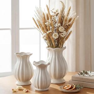 White Ceramic Vase Set of 3 Small Rustic Decorative Vases Home Decor Wavy Edge Modern Flower Vases for Farmhouse Table Centerpiece Shelf Living Room Kitchen Bedroom Bookshelf Decorations