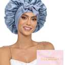 100% Mulberry Silk Bonnet for Sleeping Women Double Layer Silk Hair Bonnet Natural Silk Sleep Cap with Elastic Reversible Hair Wrap (Haze Blue + Sky Blue)