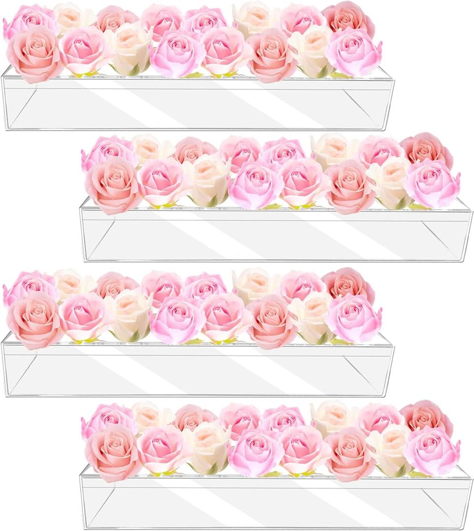 4Pcs Acrylic Flower Vase with 64 Holes,63 inch Decorative Long Clear Vase Modern,Rectangular Acrylic Vases Clear Floral Centerpiece for Dining Table Reception Home Party Decorations
