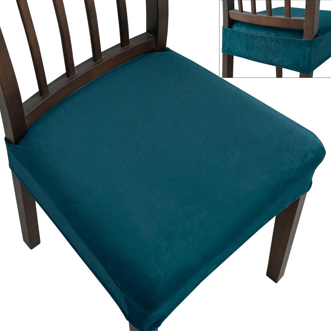 KELUINA Dining Chair Seat Covers, Stretch Velvet Chair Seat Slipcovers Protector, Removable Washable Kitchen Chair Covers for Dining Room Chairs (Set of 2, Teal)