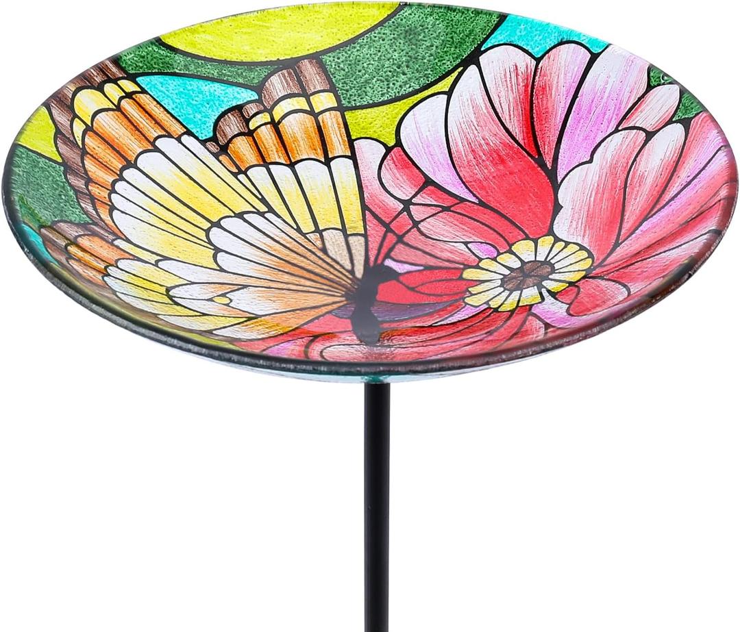 MUMTOP Glass Bird Baths for Outdoors-Outdoor Bird Bath Bowl - Butterfly and Flower Birdbaths Yard Stake, Bird Feeders for Outside, Garden, Patio, Lawn Decor