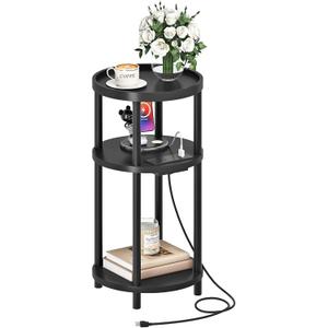 HOOBRO Small Round Side Table with Charging Station, 3-Tier Round Bamboo End Table, Compact Sofa Bedside Table for Small Space, Easy Assembly, for Living Room, Bedroom, Apartment, Black BB152UBZ01