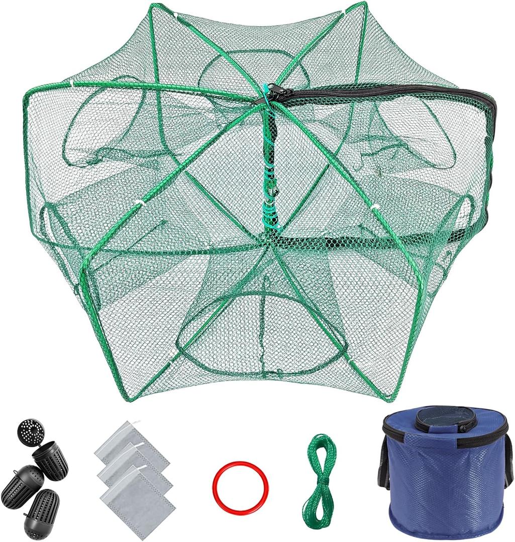 Minnow Trap 24in*10in with Foldable Fishing Net & Collapsible Fish Bucket - Crab, Crawfish, Shrimp Trap for Freshwater Saltwater Fishing (6-Sided)