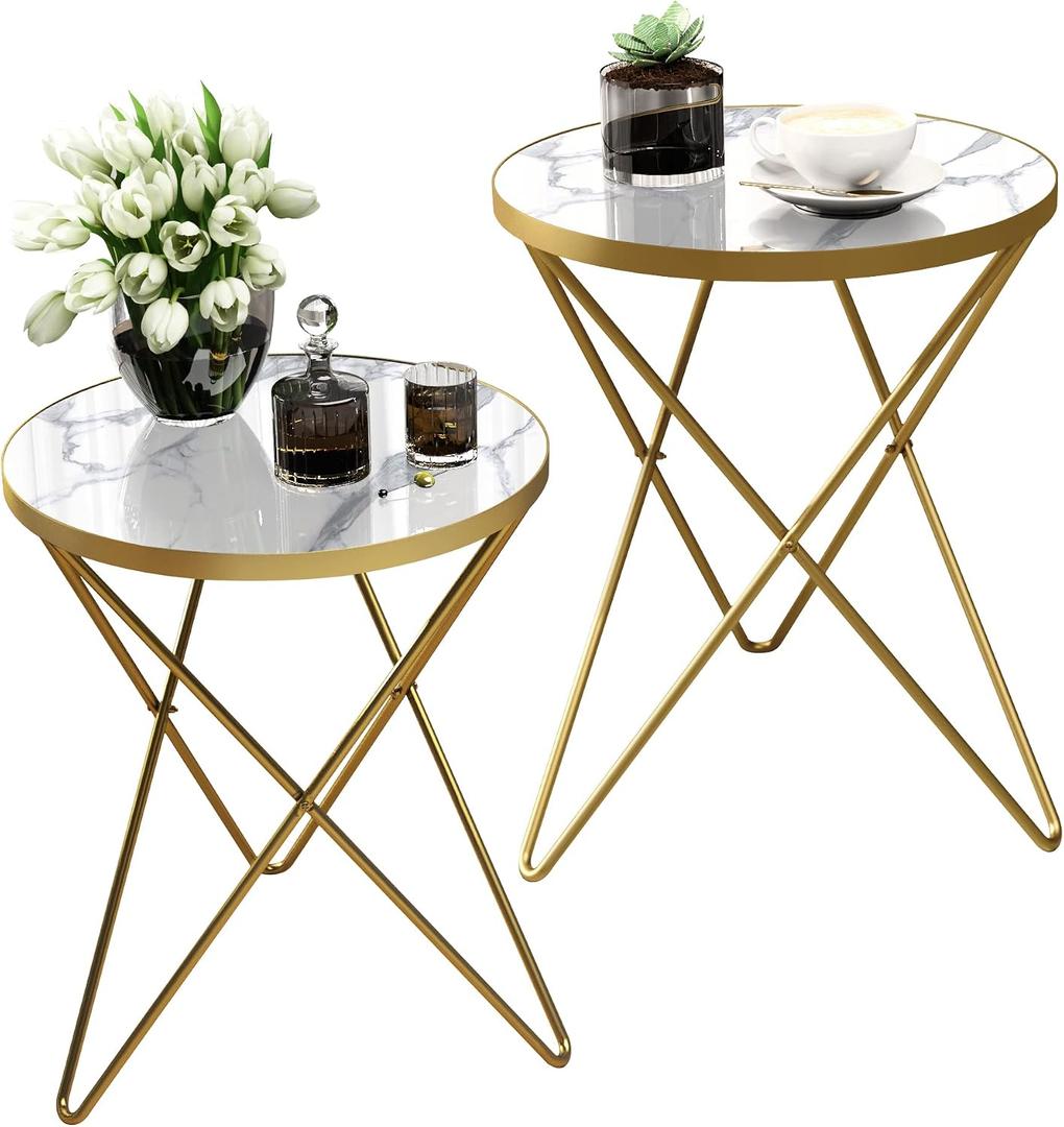 HLR Modern Round Side Table Set of 2, End Table with Marble Effect Top and Gold Metal Frame, Small Side Table for Living Room, Bedroom, Sofa and Couch, Gold Legs, White Marble top, 2-pack
