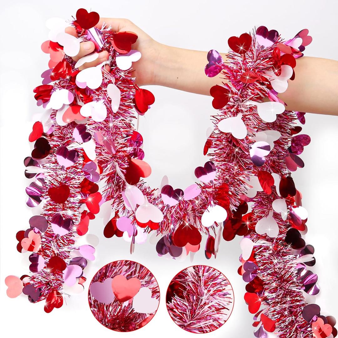 50FT Valentines Day Garland Valentines Day Decor Red Pink White Heart Tinsel Garland Metallic Glitter Hanging Garlands Valentines Decorations for Home Mantel Indoor Wedding Galentines Party Decor