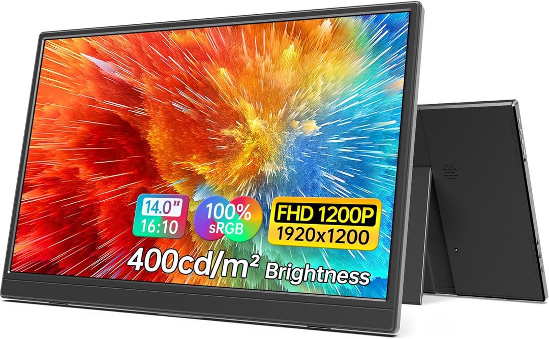 MNN Portable Monitor 14 inch FHD 1920 * 1200P USB C HDMI Ultra-Slim IPS Travel Display w/Speakers, HDR Plug&Play, External Monitor for Laptop PC, Phone,Mac(400cd/m Brightness)