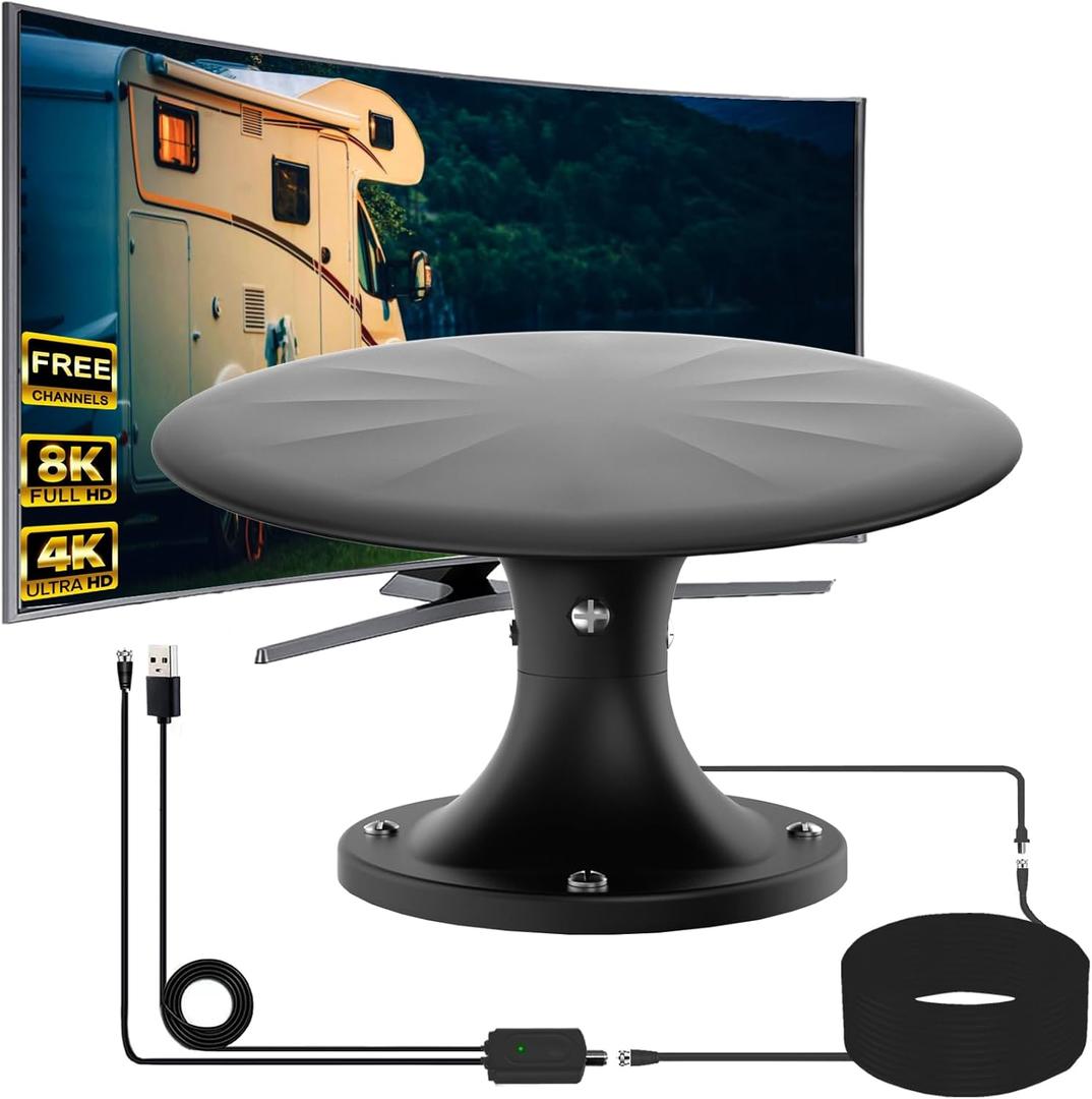 RV TV Antennas Roof Mounted, 720 Long Range Omni Directional Reception Digital HD Antenna Signal, with Super Signal Booster, 35ft HDTV Cable, for RV/Travel Trailer/Camper/Truck/Boat. (Black)