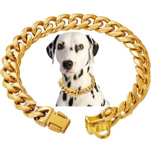 Stainless Steel 18K Gold Dog Collar with Secure Locking Buckle  15MM Cuban Link Chew-Proof Chain for Small, Medium & Large Dogs (20 inch)