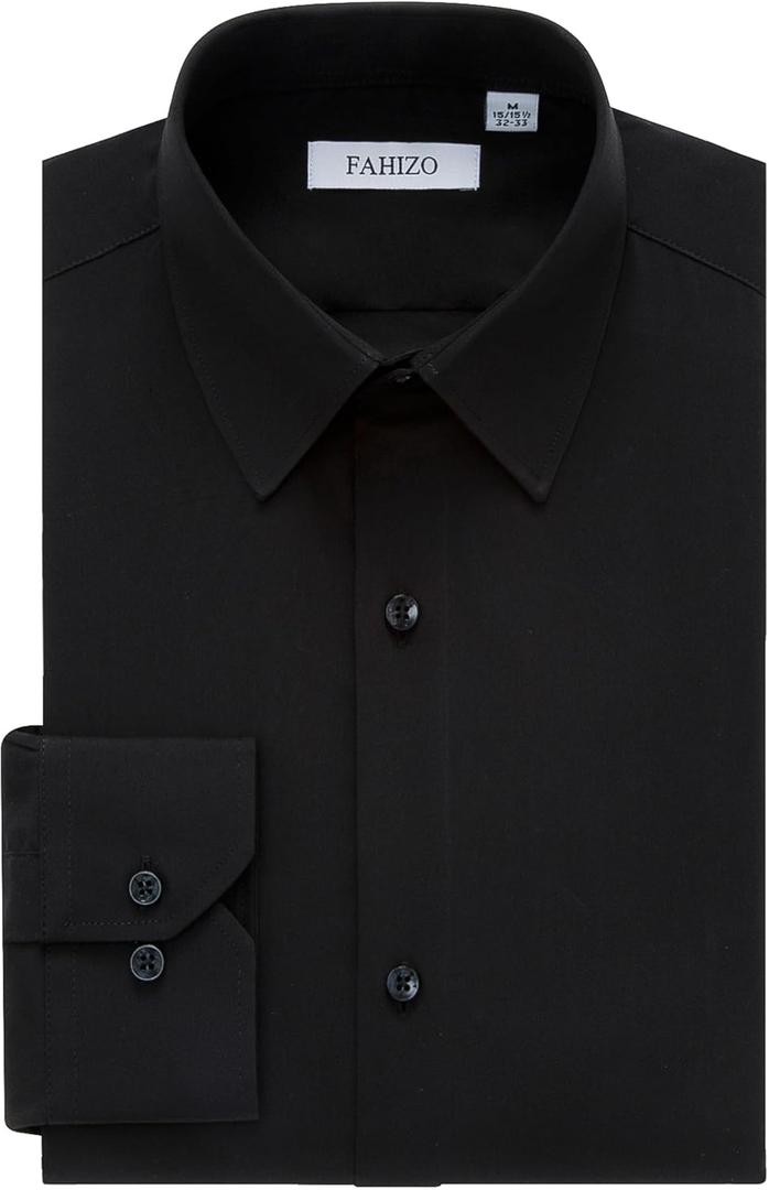 FAHIZO Men's Dress Shirt Regular Fit Soild Business Formal Long Sleeve Button Up Stretch Shirts (15.5" Neck 34"-35" Sleeve, Black)