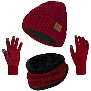 Loritta 3-Pieces Winter Hat Neck Warmer Touchscreen Gloves Set Knit Thick Scarf Beanie Hats Scarves Set Gifts for Women (N- Wine Red)