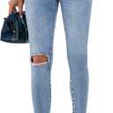 Allimy Women's High Rise Skinny Stretch Button Ripped Jeans High Waisted Destroyed Denim Pants (Blue)