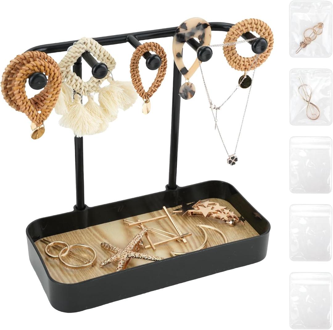 WCHOSOZH Jewelry Organizer Stand, Necklace Holder with Wooden Tray 5 Storage Hooks, Earring Holder with 5 Pcs Jewelry Bags for Bracelet,Chains,Rings,Earrings,Keys Watches,Necklaces (Black)