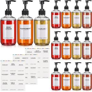 Mumufy Set of 12 Coffee Syrup Dispenser PET Syrup Pump Bottle Black Plastic Container with 27 Labels for Kitchen Restaurant Home Bar Accessories Organization(11.8 oz)