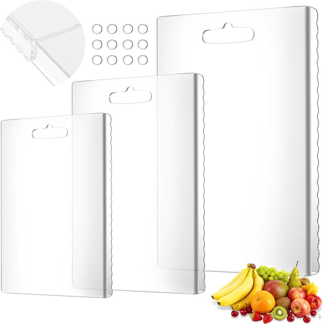 BIEOFFEI 3PCS Acrylic Cutting Board Set with Counter Lip Wave Edge, Clear Non-Slip Kitchen Boards for Countertop, Boards for Kitchen Utensils